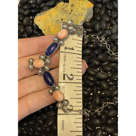 Native Southwest Sterling Blue Lapis Pink Opal Bar Necklace Multi-stone V - Picture 4 of 5